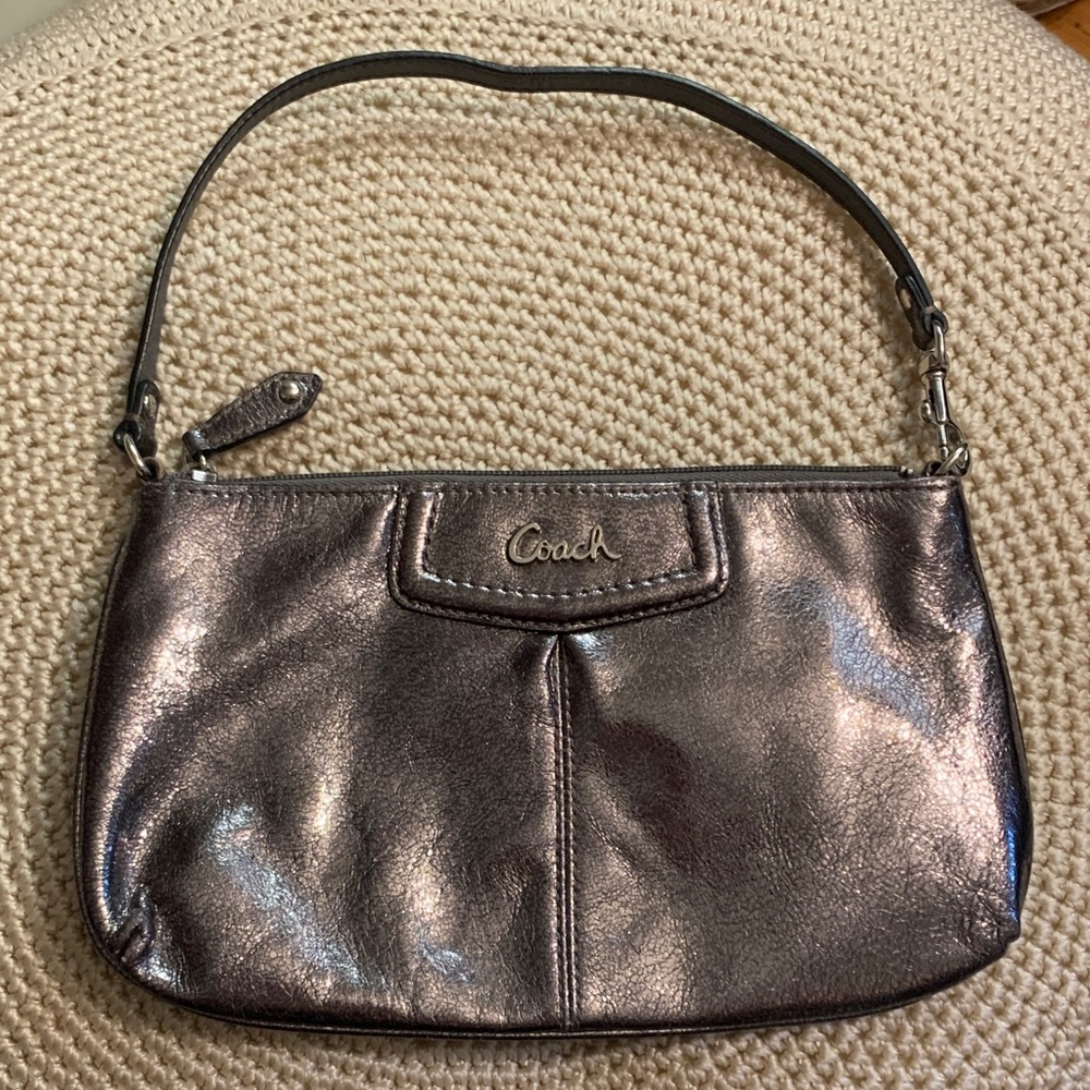 Coach Metallic Pewter Leather Wristlet Clutch